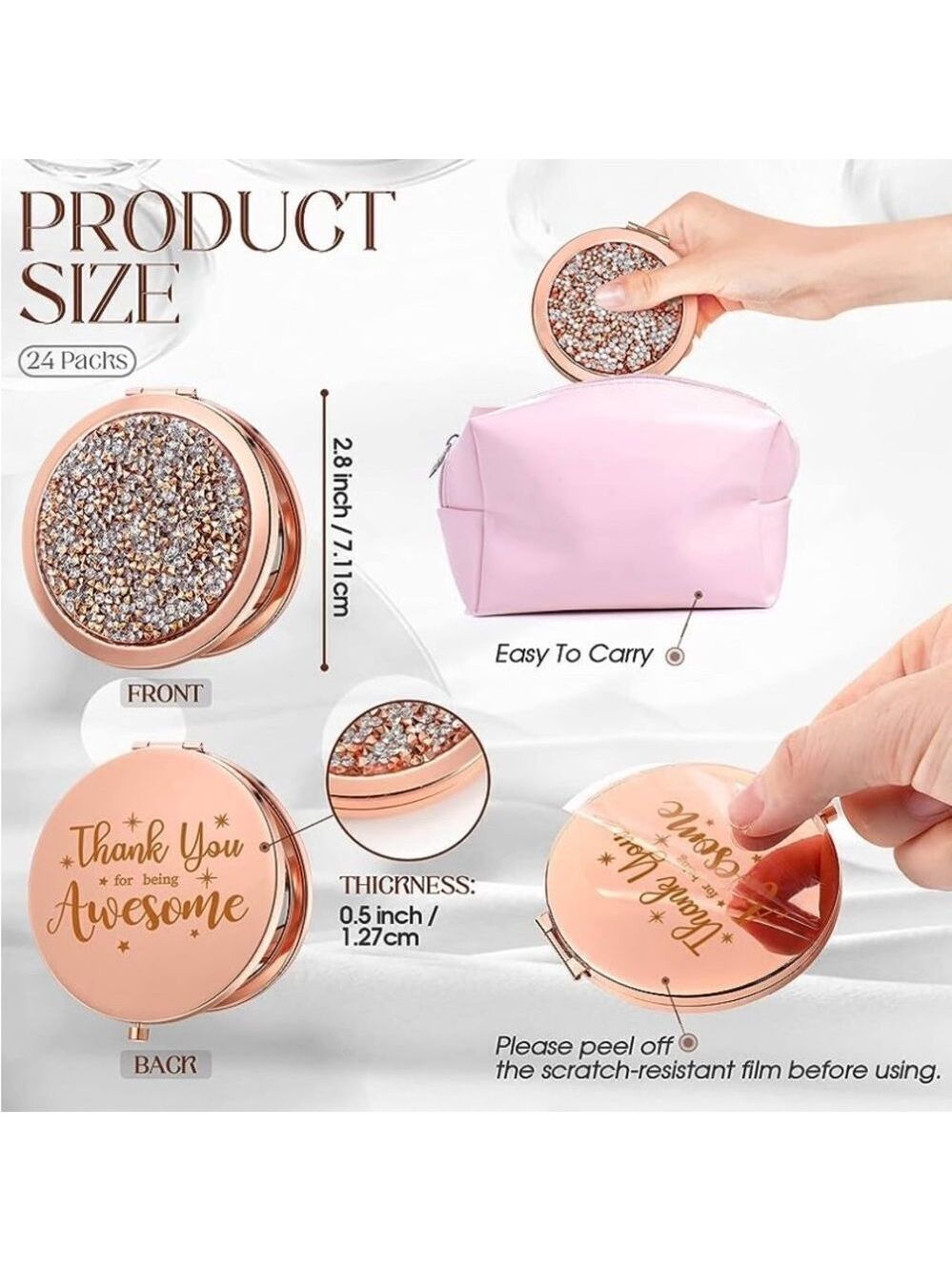 Box of 6 Rose Gold Compact Mirror “Thank You For Being Awesome” with rhinestones - Picture 3 of 5
